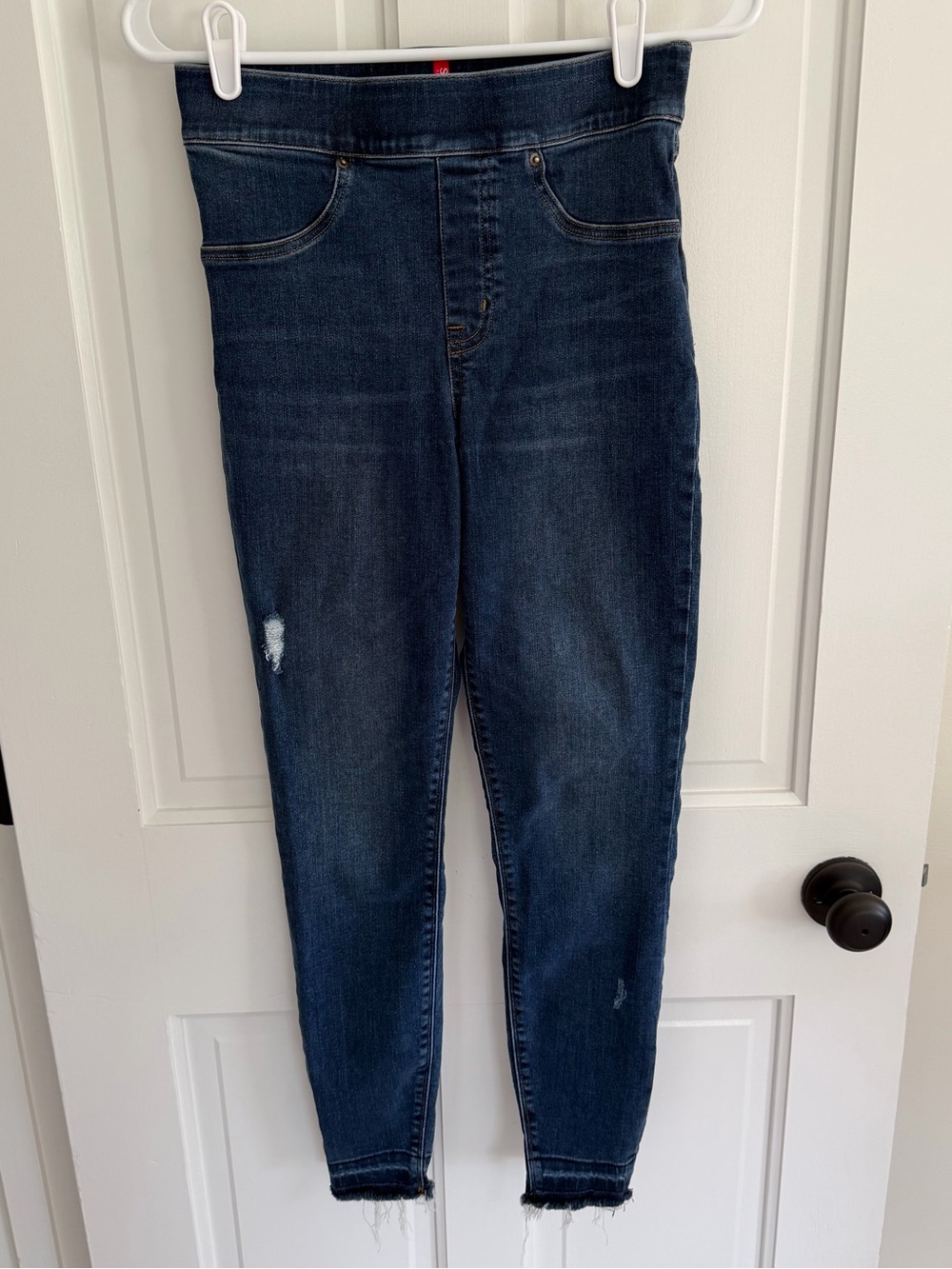 SPANX Distressed Pull On Skinny Jeans Raw Hem Shaping Blue Size Small